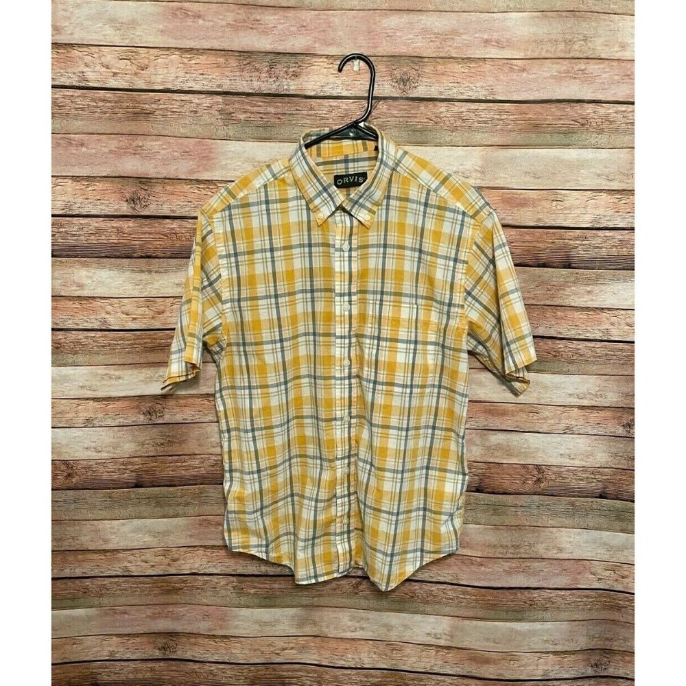Orvis Sunwashed Short Sleeve Plaid Button Up Shirt Gold Blue Medium Casual